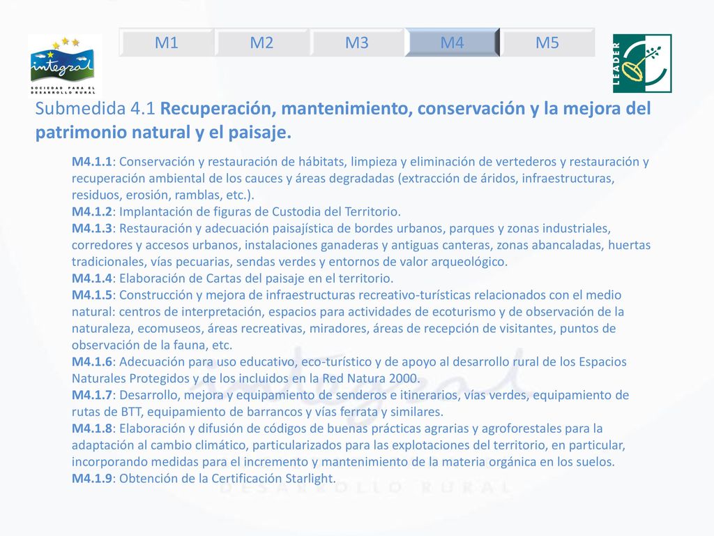 M1 M2. M3. M4. M5. Submedida 4.1 Recuperación, mantenimiento, conservación y la mejora del patrimonio natural y el paisaje.