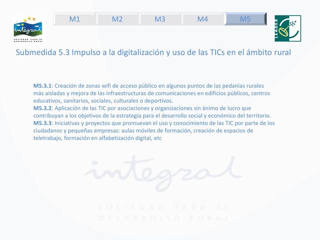M1 M2. M3. M4. M5. Submedida 5.3 Impulso a la digitalización y uso de las TICs en el ámbito rural.