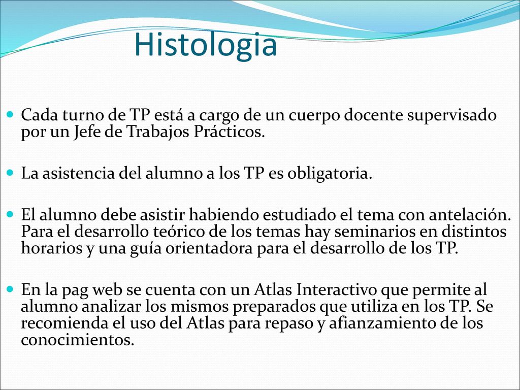 Histologia Cada turno de TP está a cargo de un cuerpo docente supervisado por un Jefe de Trabajos Prácticos.