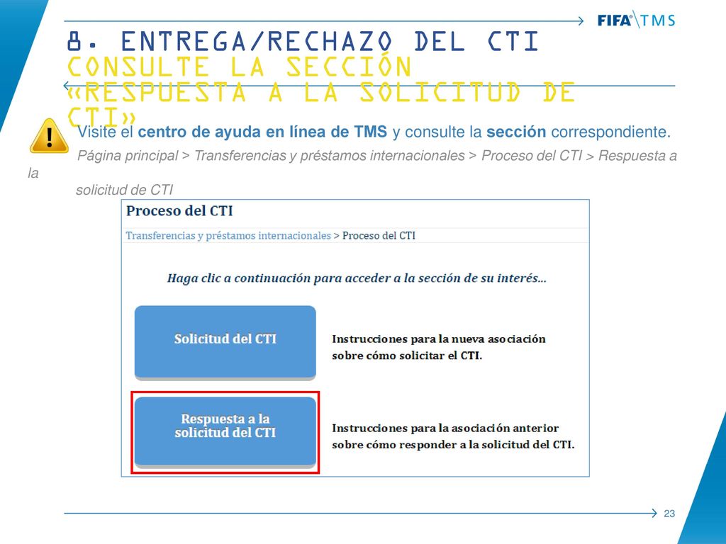 8. Entrega/rechazo del CTI Consulte la sección «Respuesta a la solicitud de CTI»