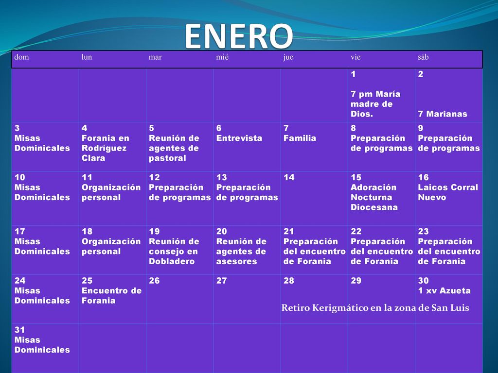 ENERO Retiro Kerigmático en la zona de San Luis dom lun mar mié jue