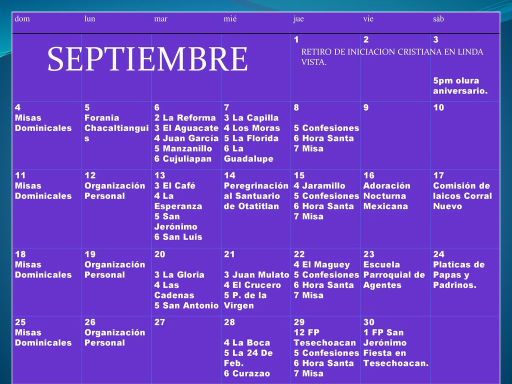 SEPTIEMBRE dom lun mar mié jue vie sáb pm olura aniversario. 4