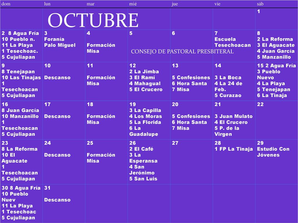 OCTUBRE CONSEJO DE PASTORAL PRESBITERAL dom lun mar mié jue vie sáb 1