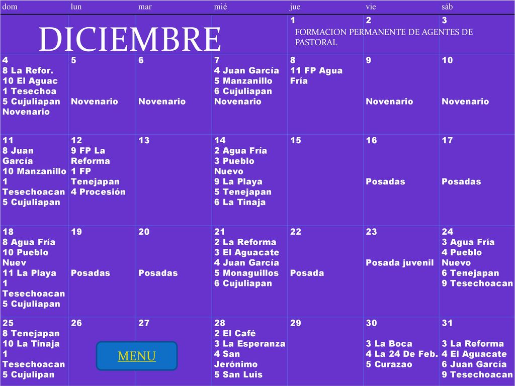 DICIEMBRE MENU dom lun mar mié jue vie sáb La Refor.