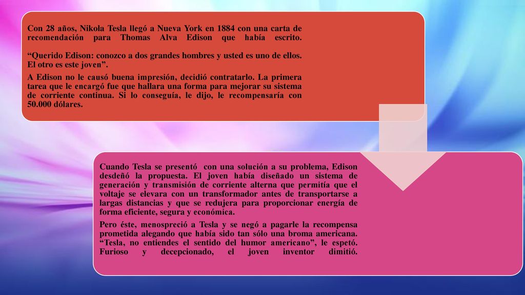 Con 28 años, Nikola Tesla llegó a Nueva York en 1884 con una carta de recomendación para Thomas Alva Edison que había escrito. Querido Edison: conozco a dos grandes hombres y usted es uno de ellos. El otro es este joven .