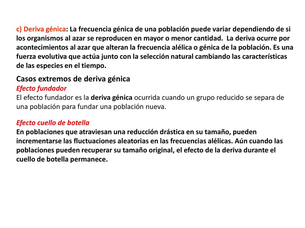 c) Deriva génica: La frecuencia génica de una población puede variar dependiendo de si los organismos al azar se reproducen en mayor o menor cantidad. La deriva ocurre por acontecimientos al azar que alteran la frecuencia alélica o génica de la población. Es una fuerza evolutiva que actúa junto con la selección natural cambiando las características de las especies en el tiempo.