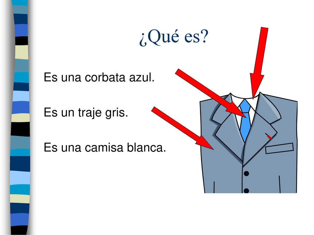 ¿Qué es Es una corbata azul. Es un traje gris. Es una camisa blanca.