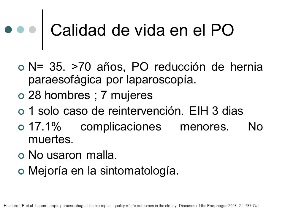 Calidad de vida en el PO N= 35. >70 años, PO reducción de hernia paraesofágica por laparoscopía. 28 hombres ; 7 mujeres.
