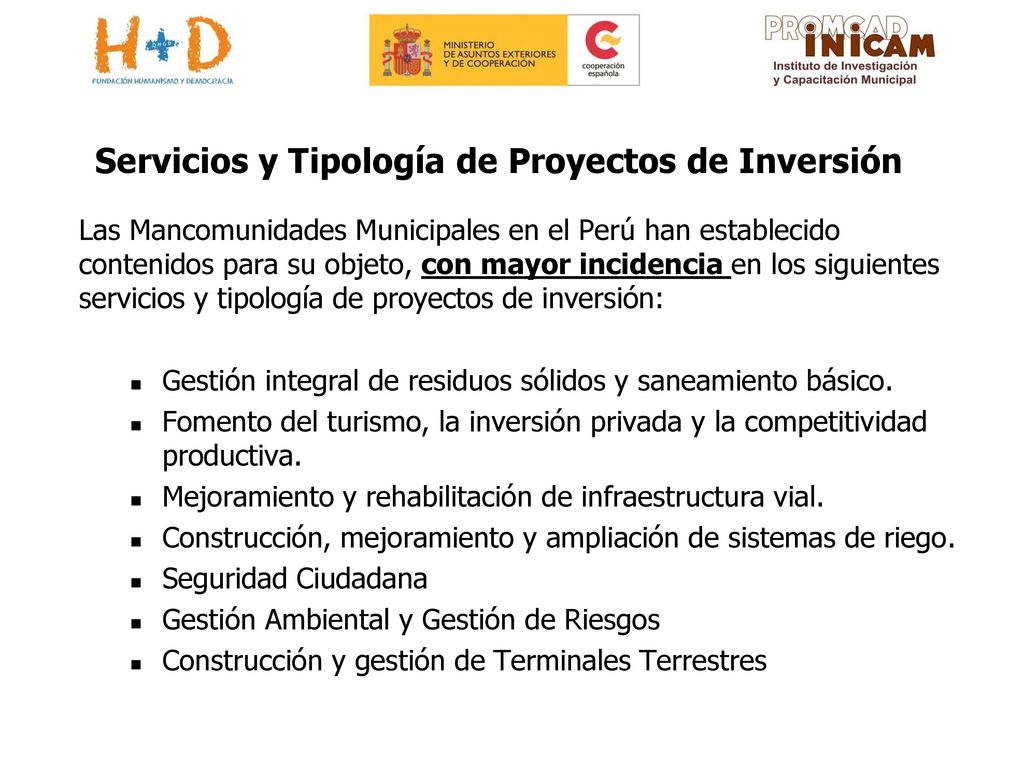 Servicios y Tipología de Proyectos de Inversión