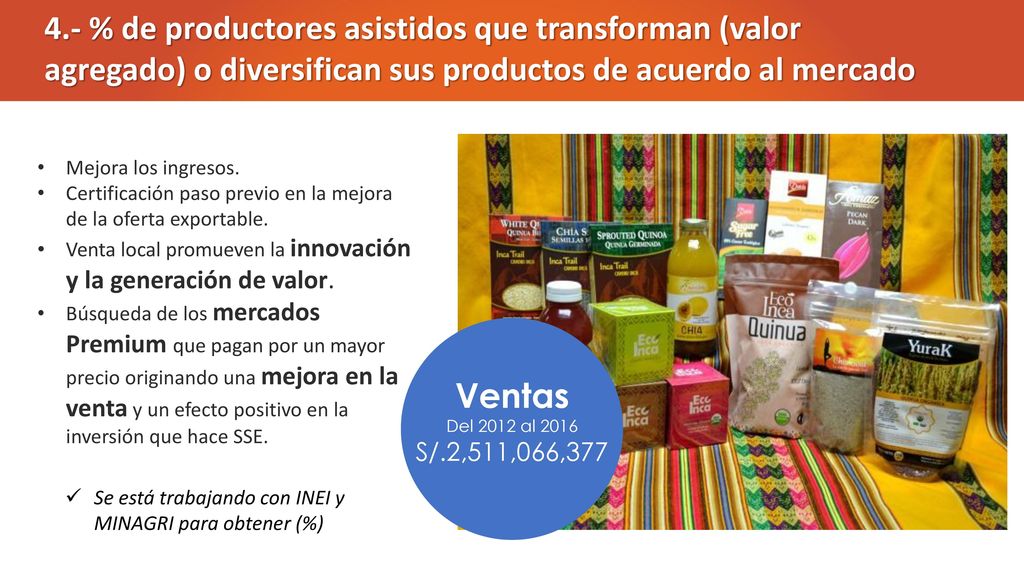4.- % de productores asistidos que transforman (valor agregado) o diversifican sus productos de acuerdo al mercado