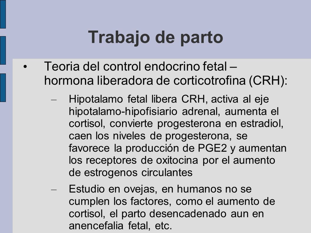 Trabajo de parto Teoria del control endocrino fetal – hormona liberadora de corticotrofina (CRH):