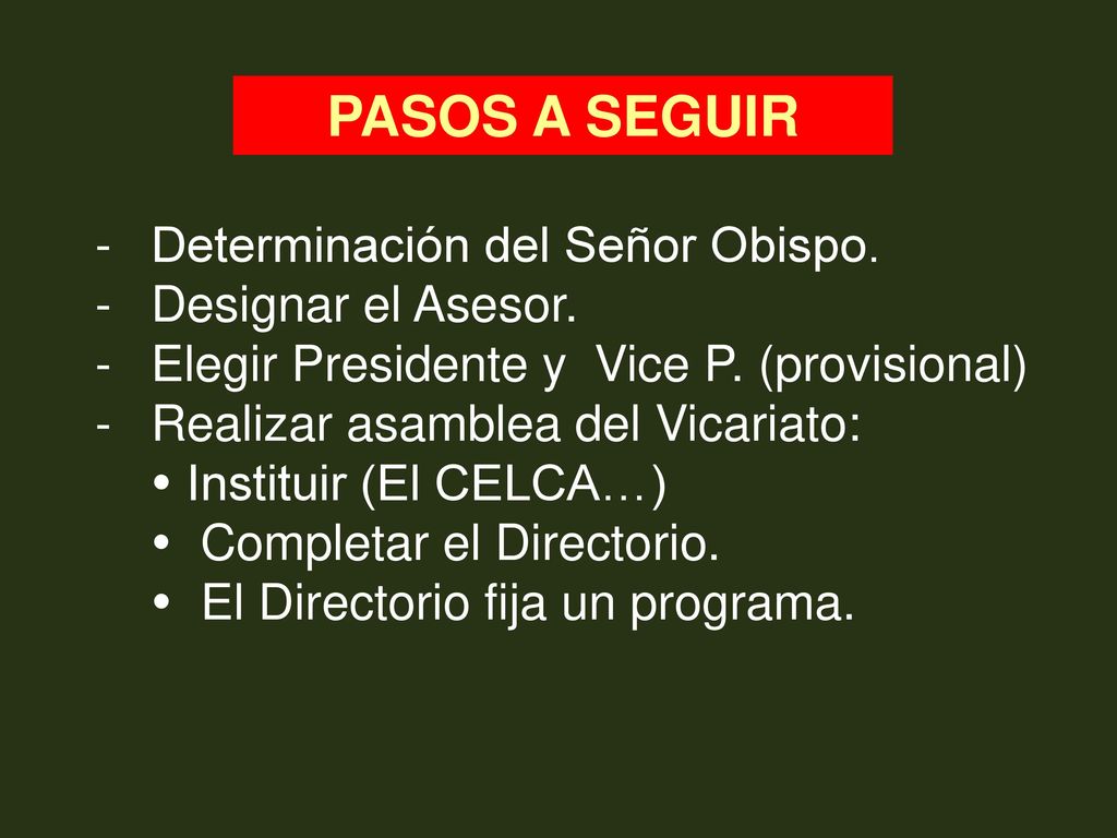 PASOS A SEGUIR Determinación del Señor Obispo. Designar el Asesor.