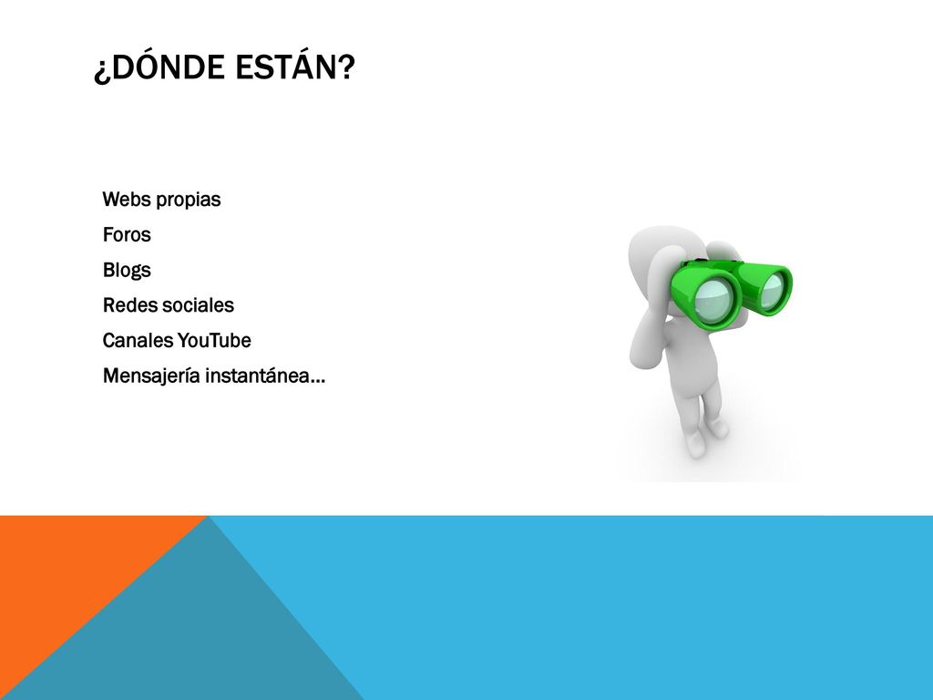 ¿DÓNDE ESTÁN Webs propias Foros Blogs Redes sociales Canales YouTube Mensajería instantánea...