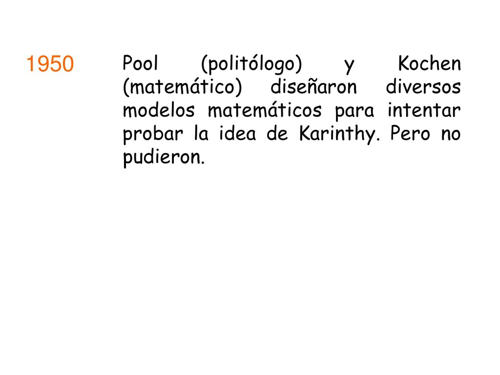 1950 Pool (politólogo) y Kochen (matemático) diseñaron diversos modelos matemáticos para intentar probar la idea de Karinthy.