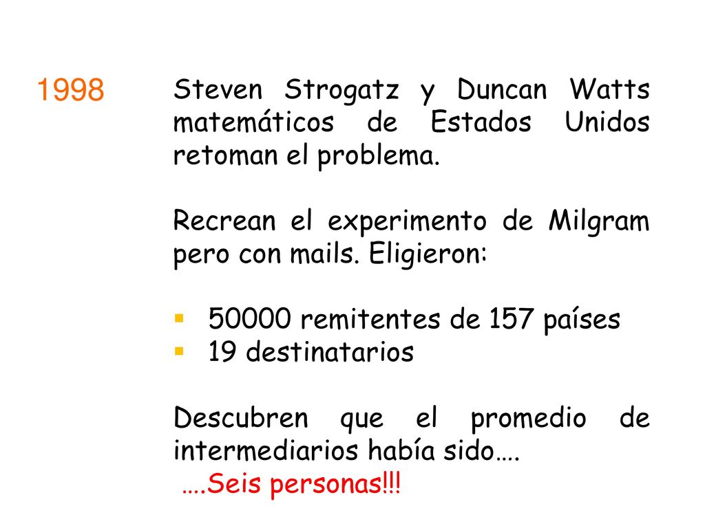 1998 Steven Strogatz y Duncan Watts matemáticos de Estados Unidos retoman el problema. Recrean el experimento de Milgram pero con mails. Eligieron:
