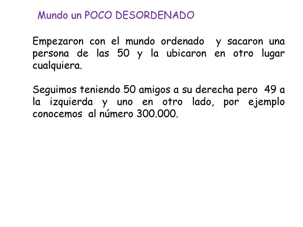 Empezaron con el mundo ordenado y sacaron una persona de las 50 y la ubicaron en otro lugar cualquiera.