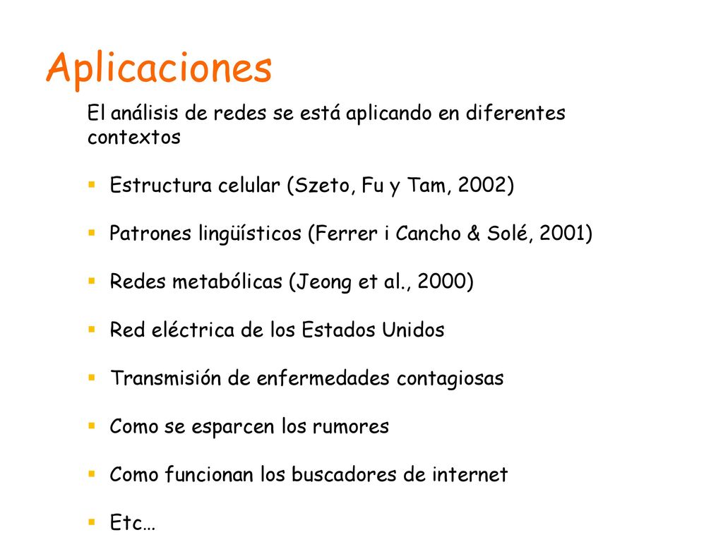 Aplicaciones El análisis de redes se está aplicando en diferentes contextos. Estructura celular (Szeto, Fu y Tam, 2002)