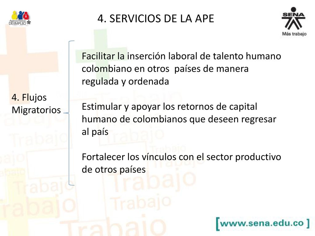 4. SERVICIOS DE LA APE Facilitar la inserción laboral de talento humano colombiano en otros países de manera regulada y ordenada.