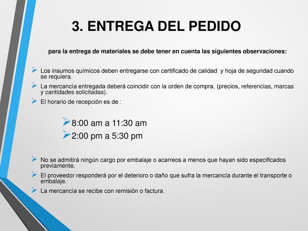 3. ENTREGA DEL PEDIDO 8:00 am a 11:30 am 2:00 pm a 5:30 pm
