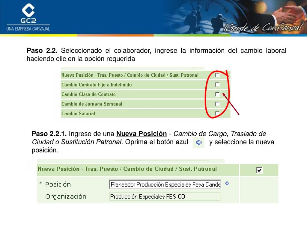 Paso 2.2. Seleccionado el colaborador, ingrese la información del cambio laboral haciendo clic en la opción requerida