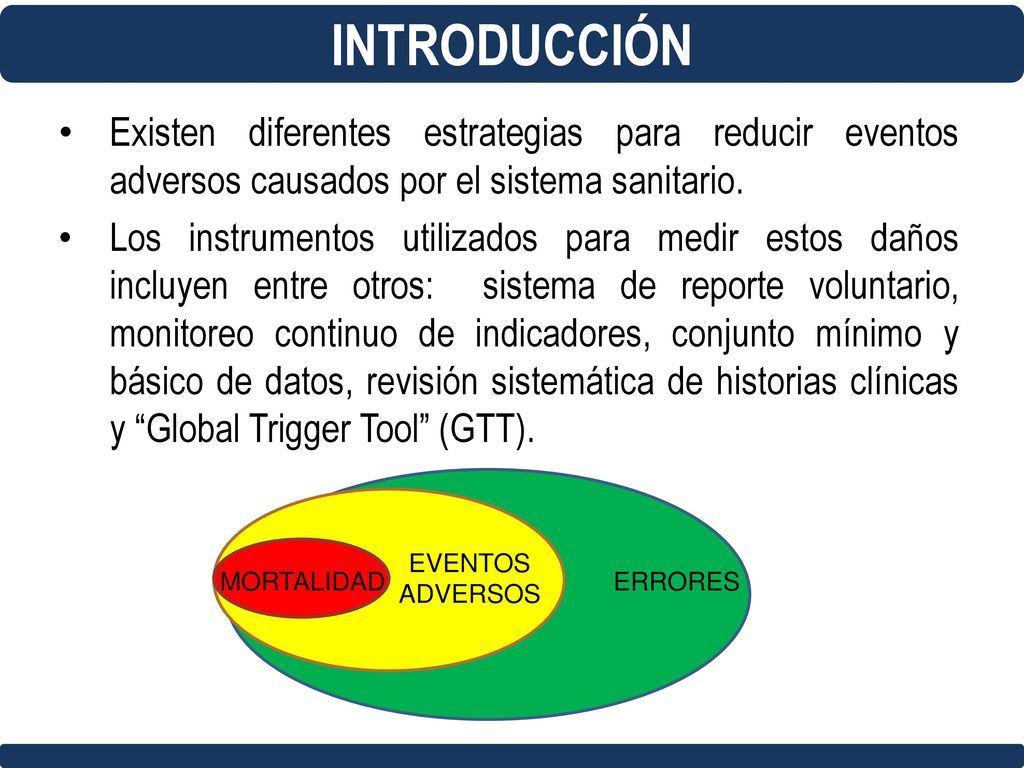 INTRODUCCIÓN Existen diferentes estrategias para reducir eventos adversos causados por el sistema sanitario.