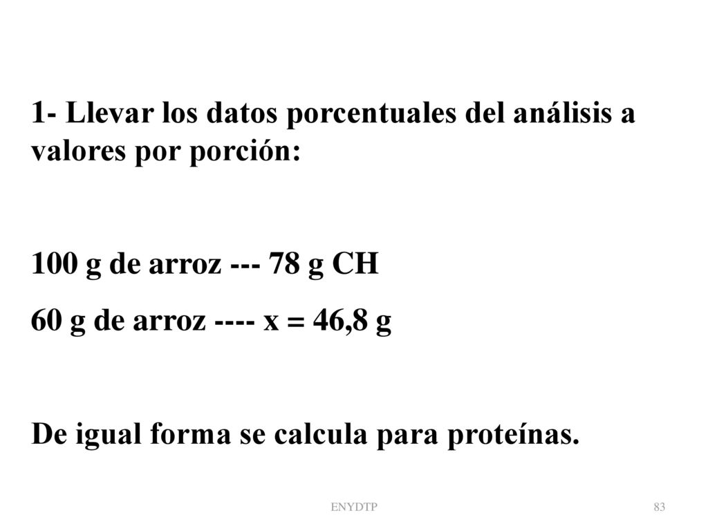 1- Llevar los datos porcentuales del análisis a valores por porción: