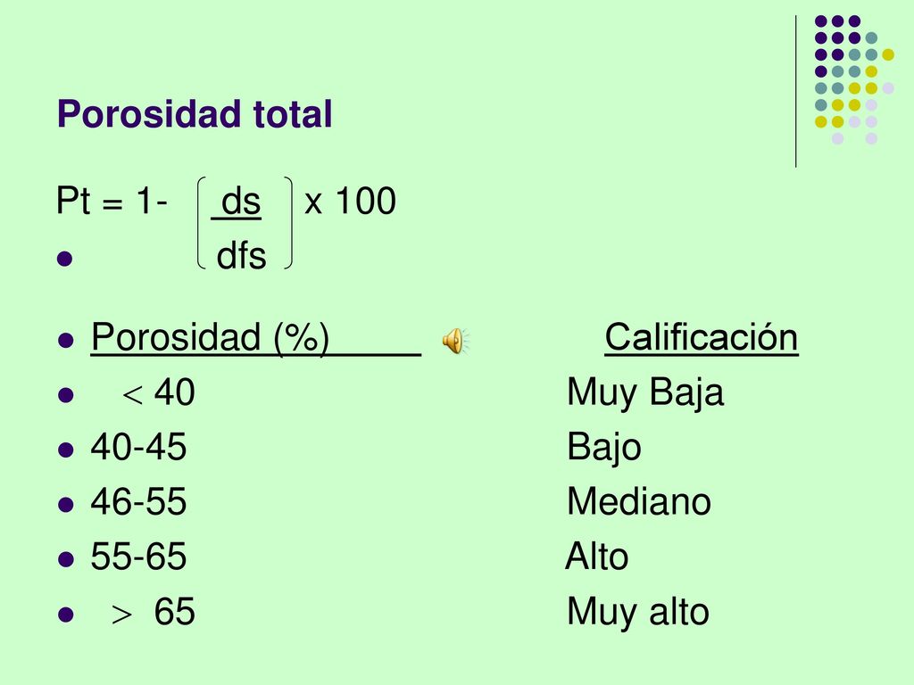 Porosidad total Pt = 1- ds x 100. dfs. Porosidad (%) Calificación.  40 Muy Baja.