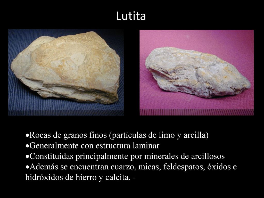 Lutita Rocas de granos finos (partículas de limo y arcilla)
