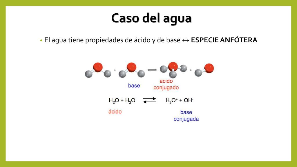 El agua tiene propiedades de ácido y de base ↔ ESPECIE ANFÓTERA