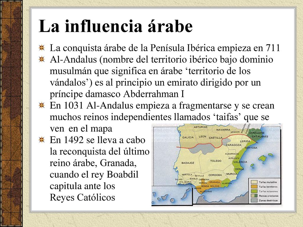 La influencia árabe La conquista árabe de la Penísula Ibérica empieza en 711.