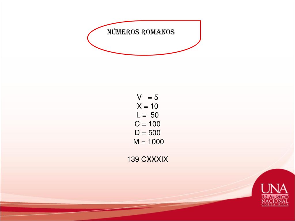 Números romanos V = 5 X = 10 L = 50 C = 100 D = 500 M = CXXXIX
