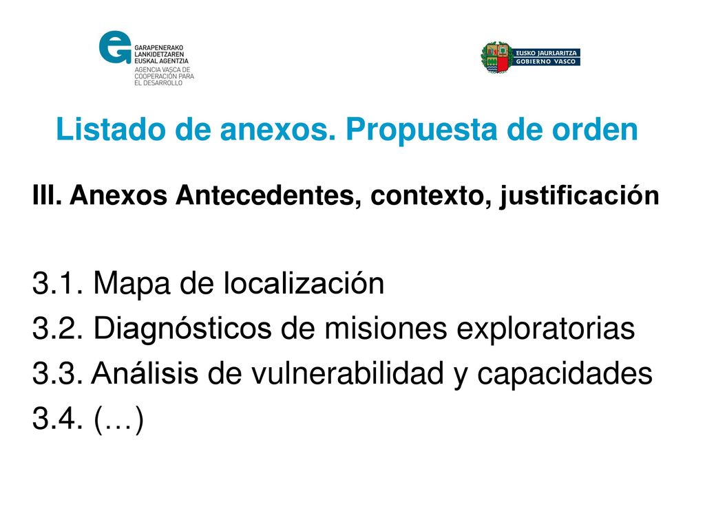 Listado de anexos. Propuesta de orden