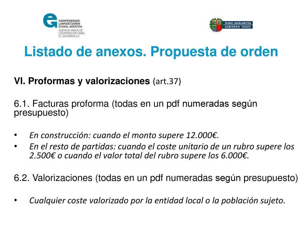 Listado de anexos. Propuesta de orden