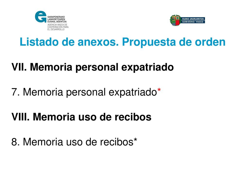 Listado de anexos. Propuesta de orden