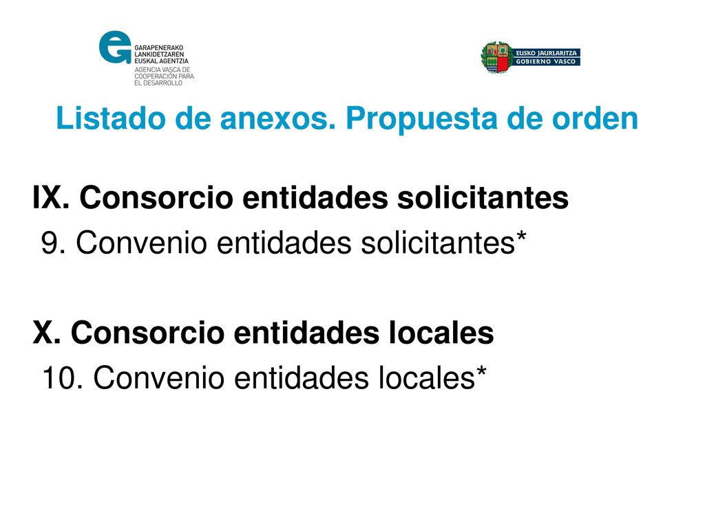 Listado de anexos. Propuesta de orden