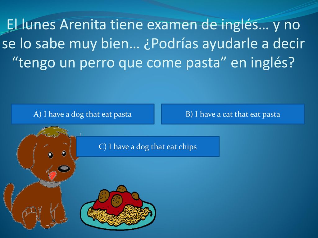El lunes Arenita tiene examen de inglés… y no se lo sabe muy bien… ¿Podrías ayudarle a decir tengo un perro que come pasta en inglés