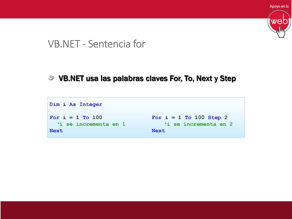 VB.NET - Sentencia for VB.NET usa las palabras claves For, To, Next y Step. Dim i As Integer.