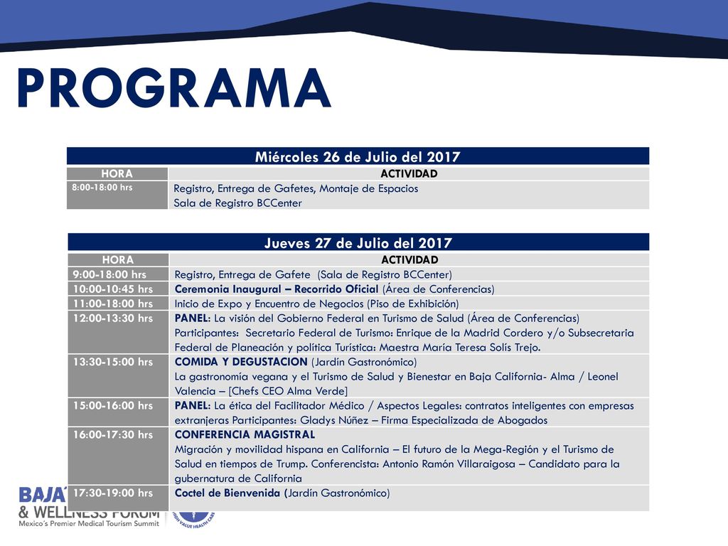 PROGRAMA Miércoles 26 de Julio del 2017 Jueves 27 de Julio del 2017