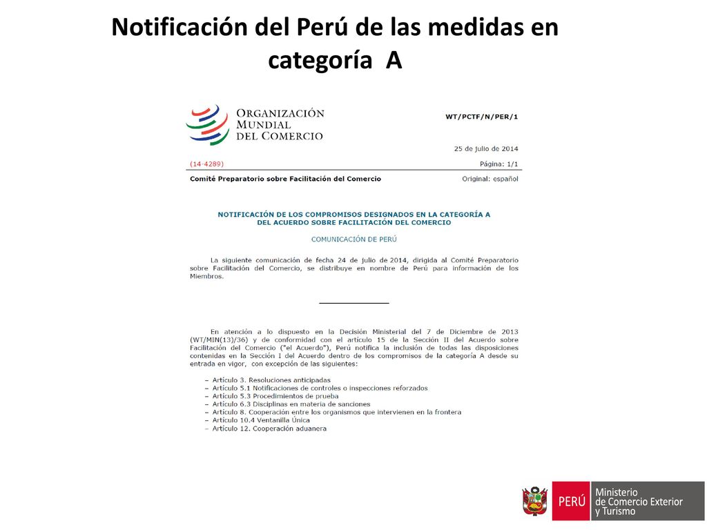 Notificación del Perú de las medidas en categoría A