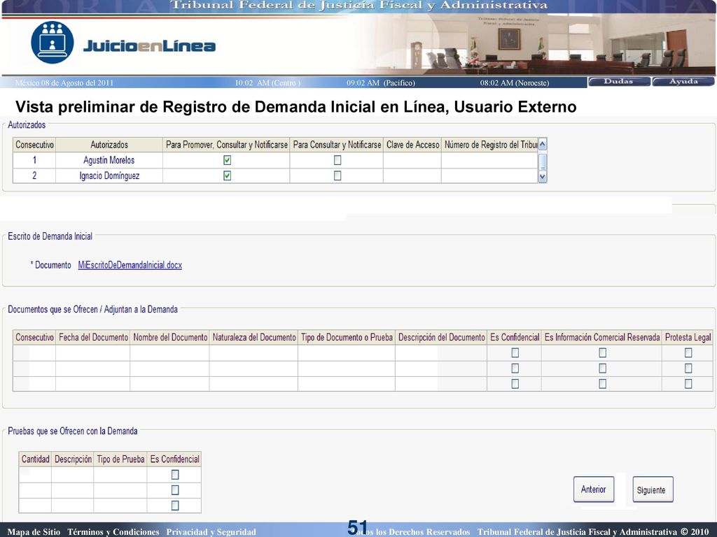 Vista preliminar de Registro de Demanda Inicial en Línea, Usuario Externo