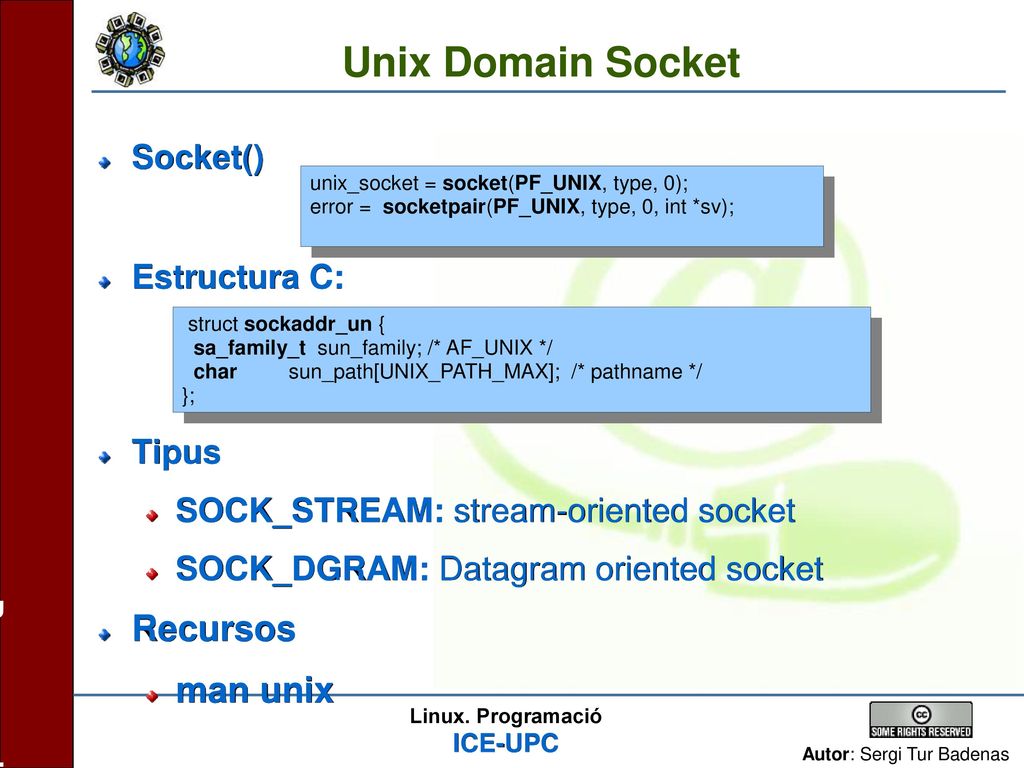 Unix Domain Socket Recursos man unix Socket() Estructura C: Tipus
