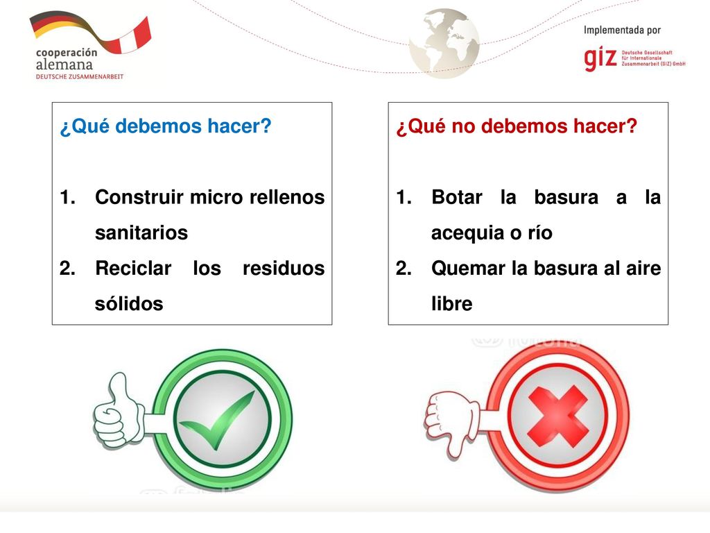 ¿Qué debemos hacer Construir micro rellenos sanitarios. Reciclar los residuos sólidos. ¿Qué no debemos hacer