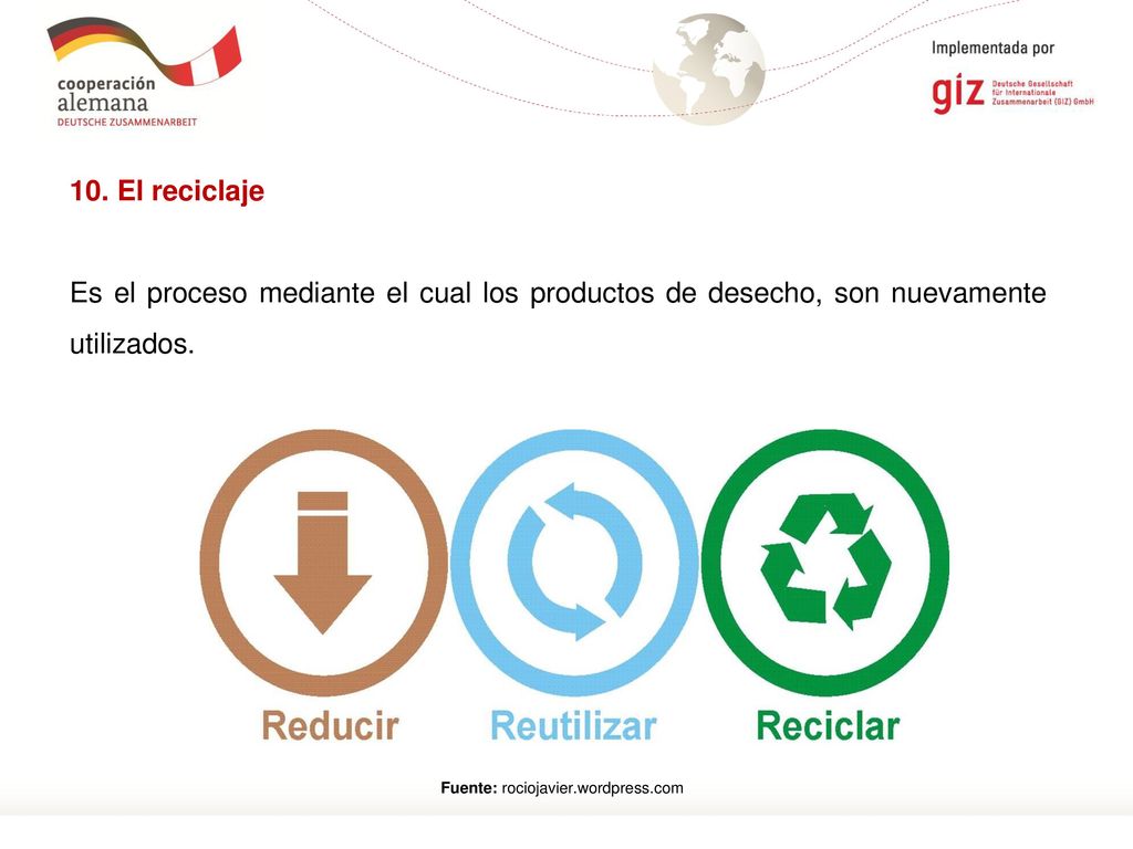 10. El reciclaje Es el proceso mediante el cual los productos de desecho, son nuevamente utilizados.