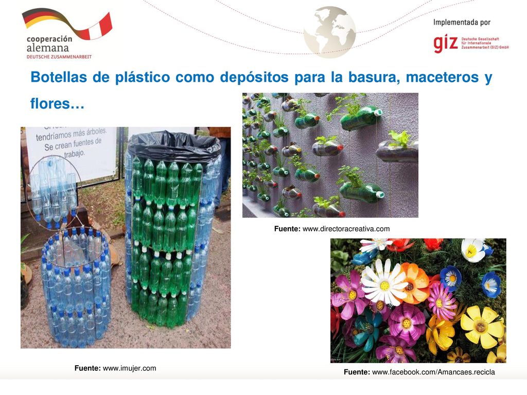 Botellas de plástico como depósitos para la basura, maceteros y flores…