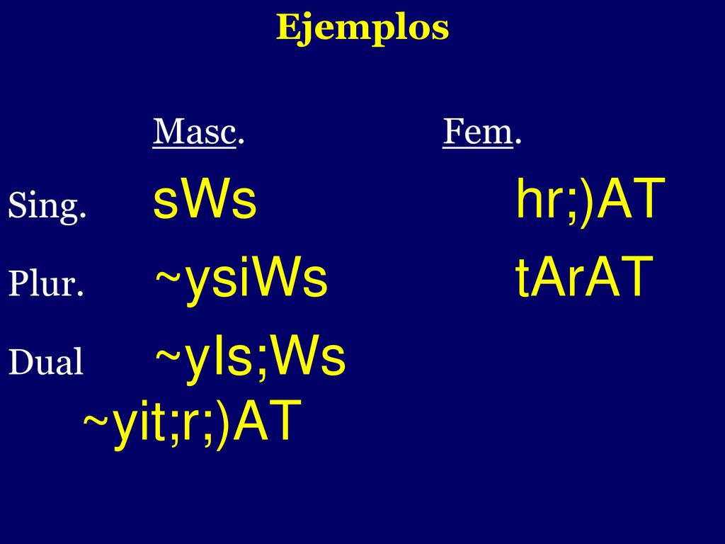 - Ejemplos Masc. Fem. Sing. sWs hr;)AT Plur. ~ysiWs tArAT