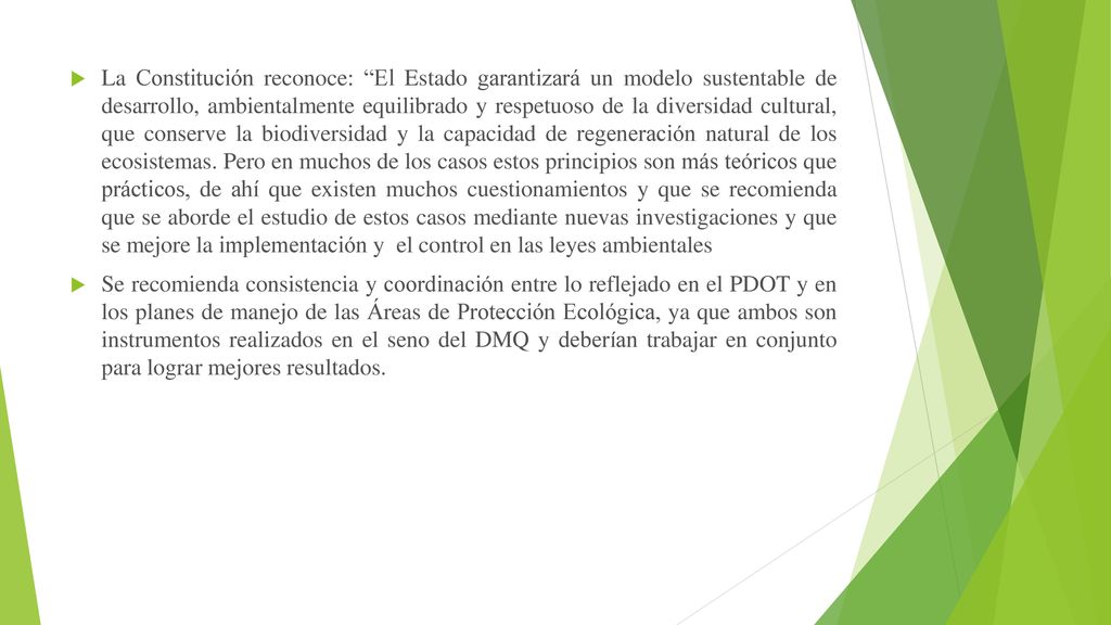 La Constitución reconoce: El Estado garantizará un modelo sustentable de desarrollo, ambientalmente equilibrado y respetuoso de la diversidad cultural, que conserve la biodiversidad y la capacidad de regeneración natural de los ecosistemas. Pero en muchos de los casos estos principios son más teóricos que prácticos, de ahí que existen muchos cuestionamientos y que se recomienda que se aborde el estudio de estos casos mediante nuevas investigaciones y que se mejore la implementación y el control en las leyes ambientales