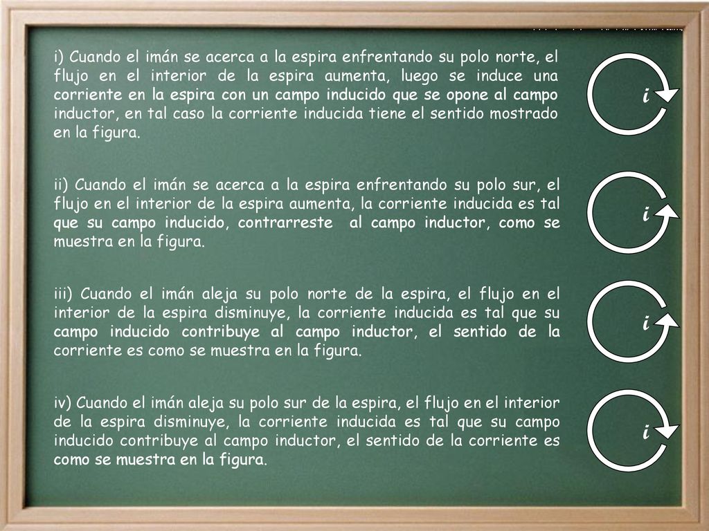i) Cuando el imán se acerca a la espira enfrentando su polo norte, el flujo en el interior de la espira aumenta, luego se induce una corriente en la espira con un campo inducido que se opone al campo inductor, en tal caso la corriente inducida tiene el sentido mostrado en la figura.