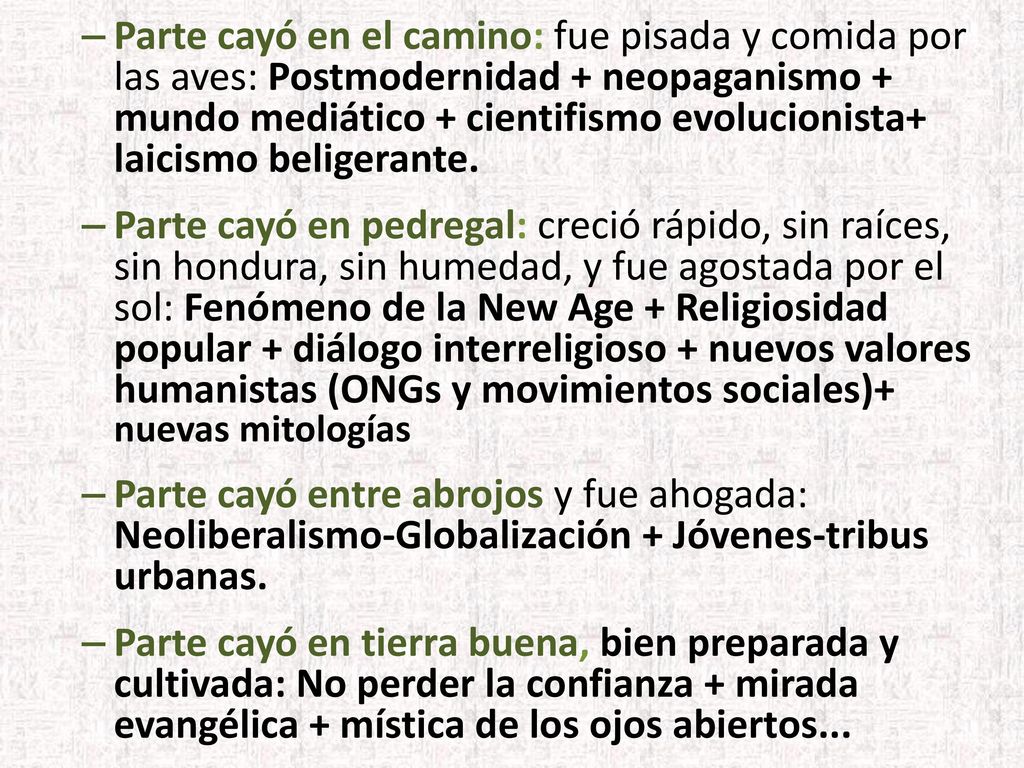 Parte cayó en el camino: fue pisada y comida por las aves: Postmodernidad + neopaganismo + mundo mediático + cientifismo evolucionista+ laicismo beligerante.