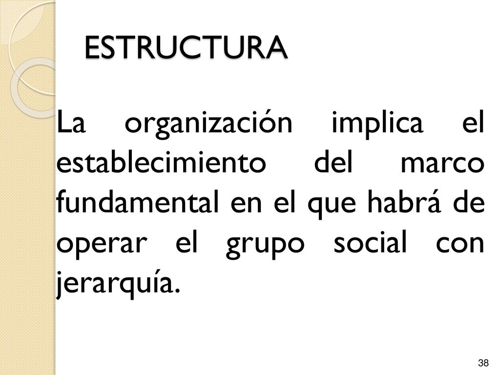 ESTRUCTURA La organización implica el establecimiento del marco fundamental en el que habrá de operar el grupo social con jerarquía.
