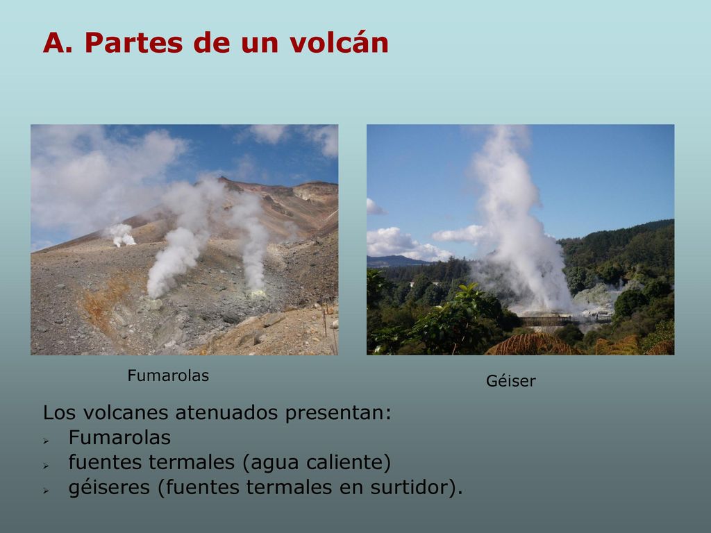 A. Partes de un volcán Los volcanes atenuados presentan: Fumarolas